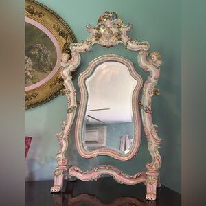 Antique Dresden porcelain free standing tilt mirror, angel, cherub